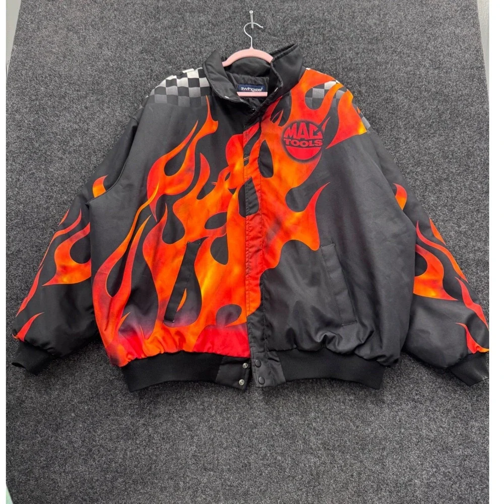 Swingster Mac Tools Racing Jacket Flame Checkered Flag Bomber Black Orange Mens